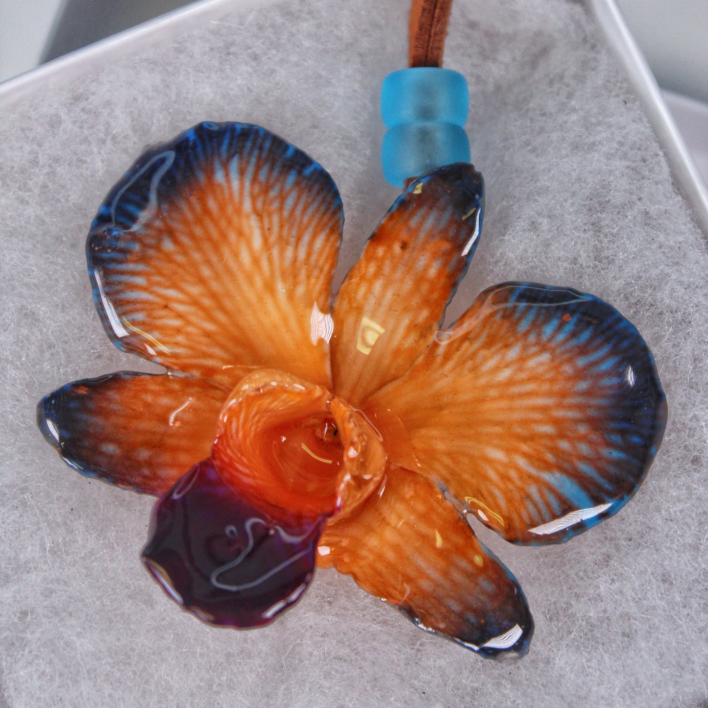 Real Flower Small Blue/Orange Dendrobium Orchid Necklace