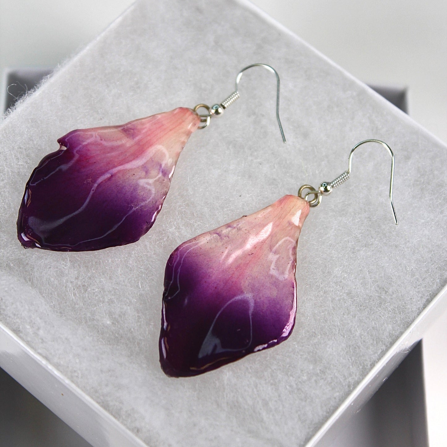 Real Flower Purple/White Orchid Petal Earrings