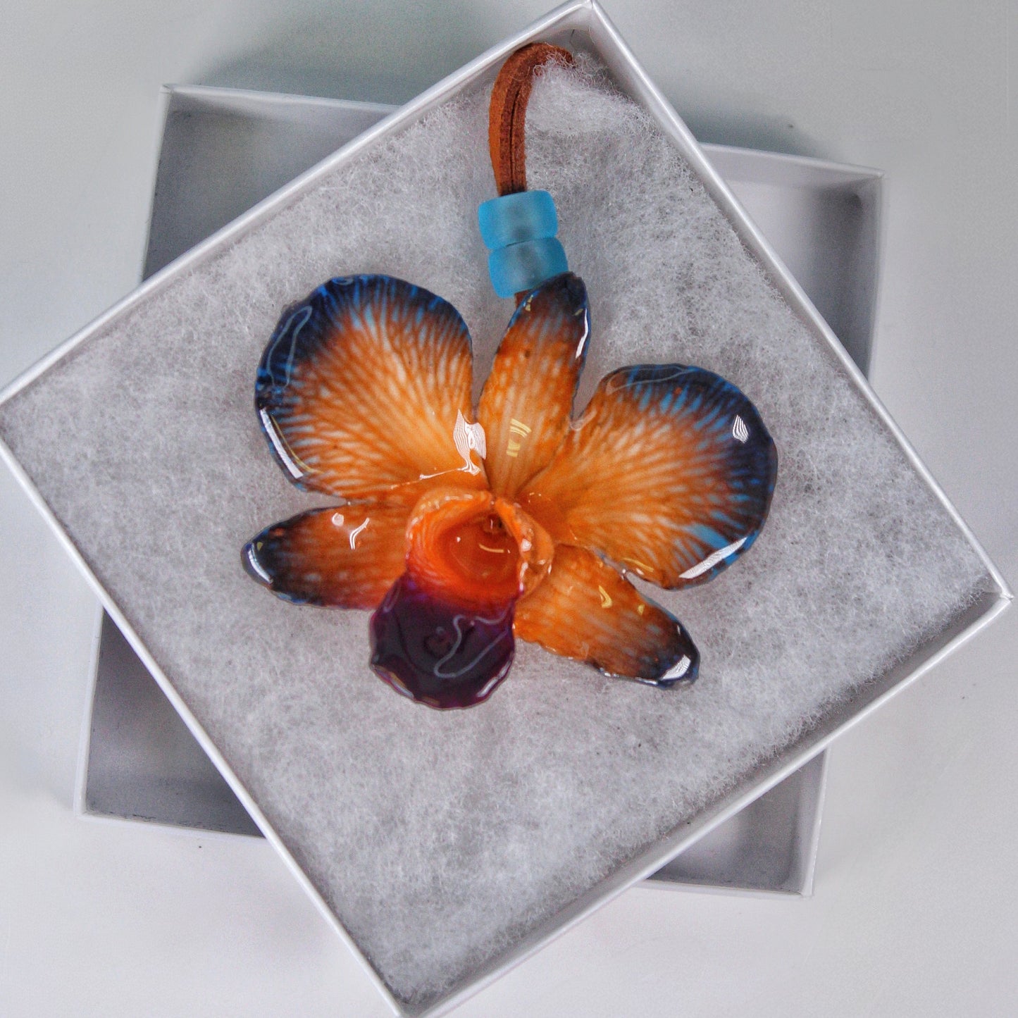 Real Flower Small Blue/Orange Dendrobium Orchid Necklace