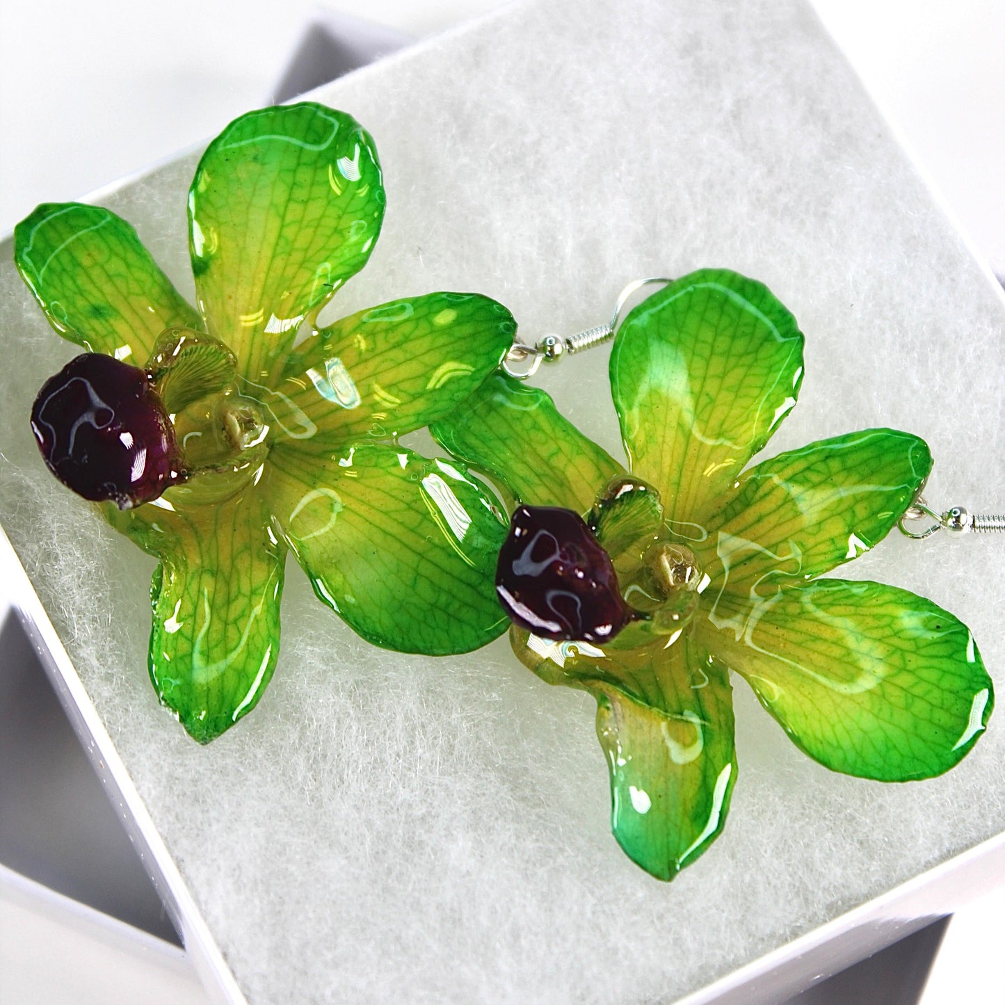 Real Flower Green/Purple Dendrobium Orchid Earrings