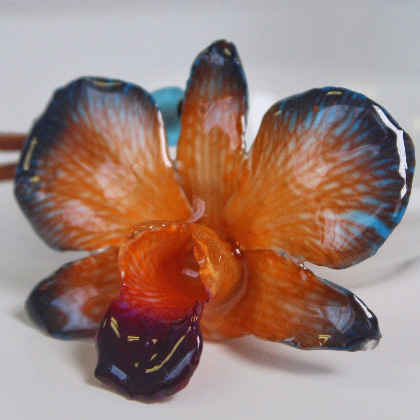 Real Flower Small Blue/Orange Dendrobium Orchid Necklace