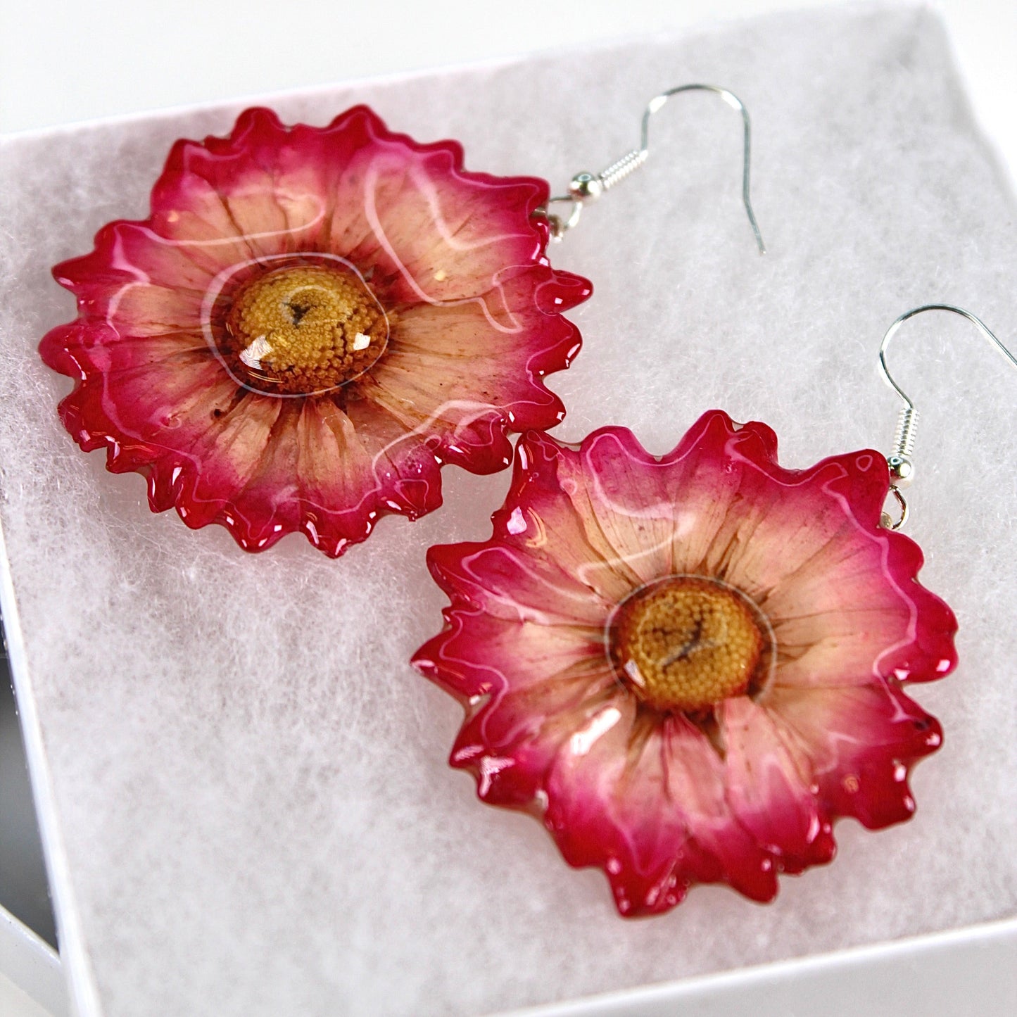 Real Flower Pink/White Chrysanthemum Earrings