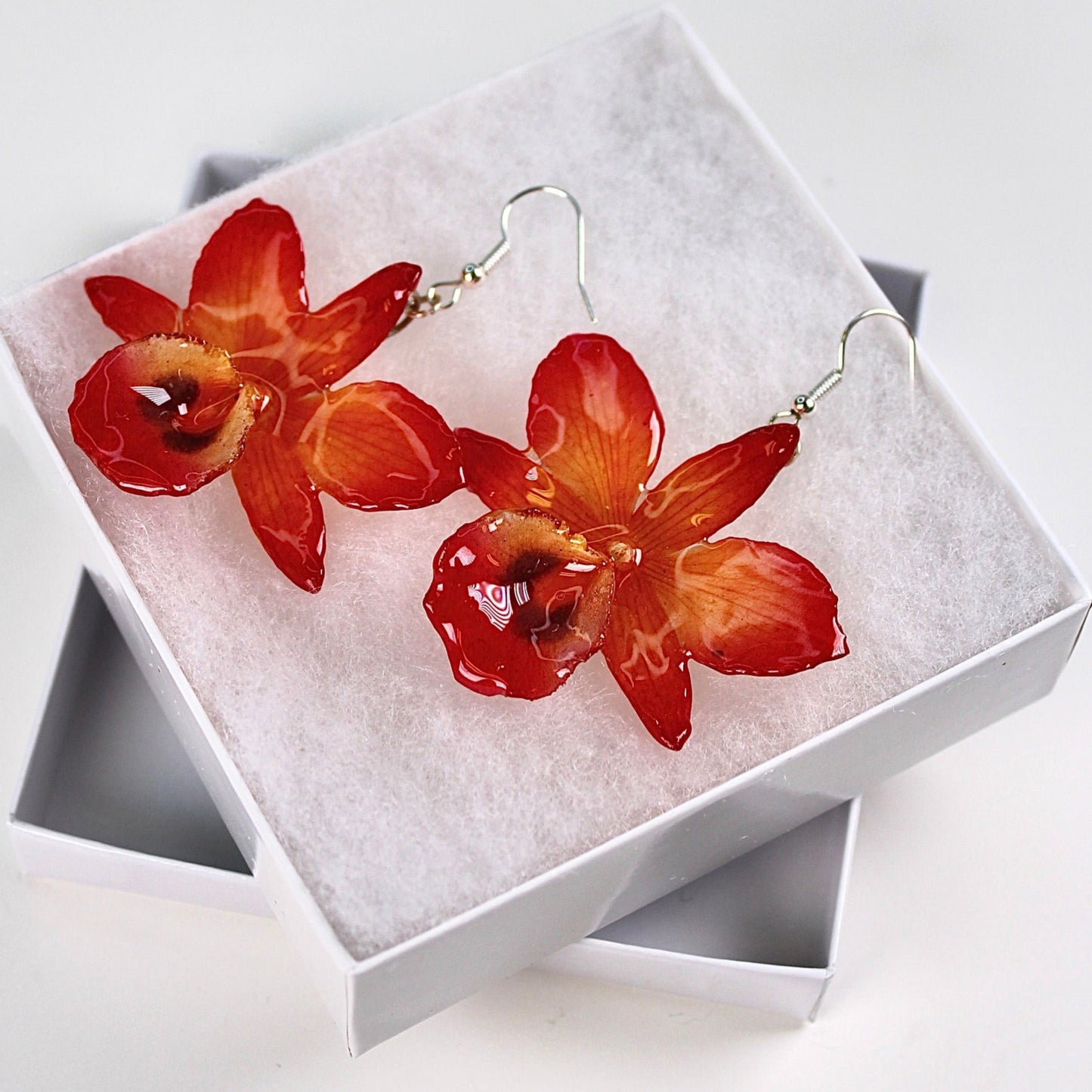 Real Flower Orange Dendrobium Orchid Earrings
