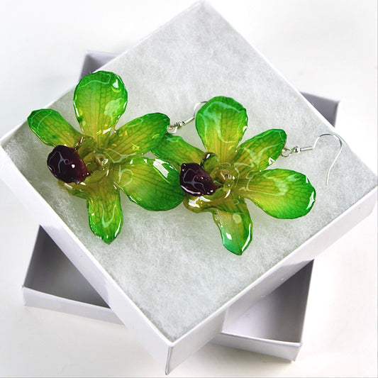 Real Flower Green/Purple Dendrobium Orchid Earrings