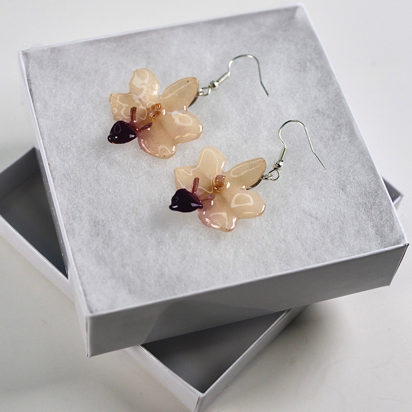 Real Flower White/Purple Doritis Orchid  Earrings