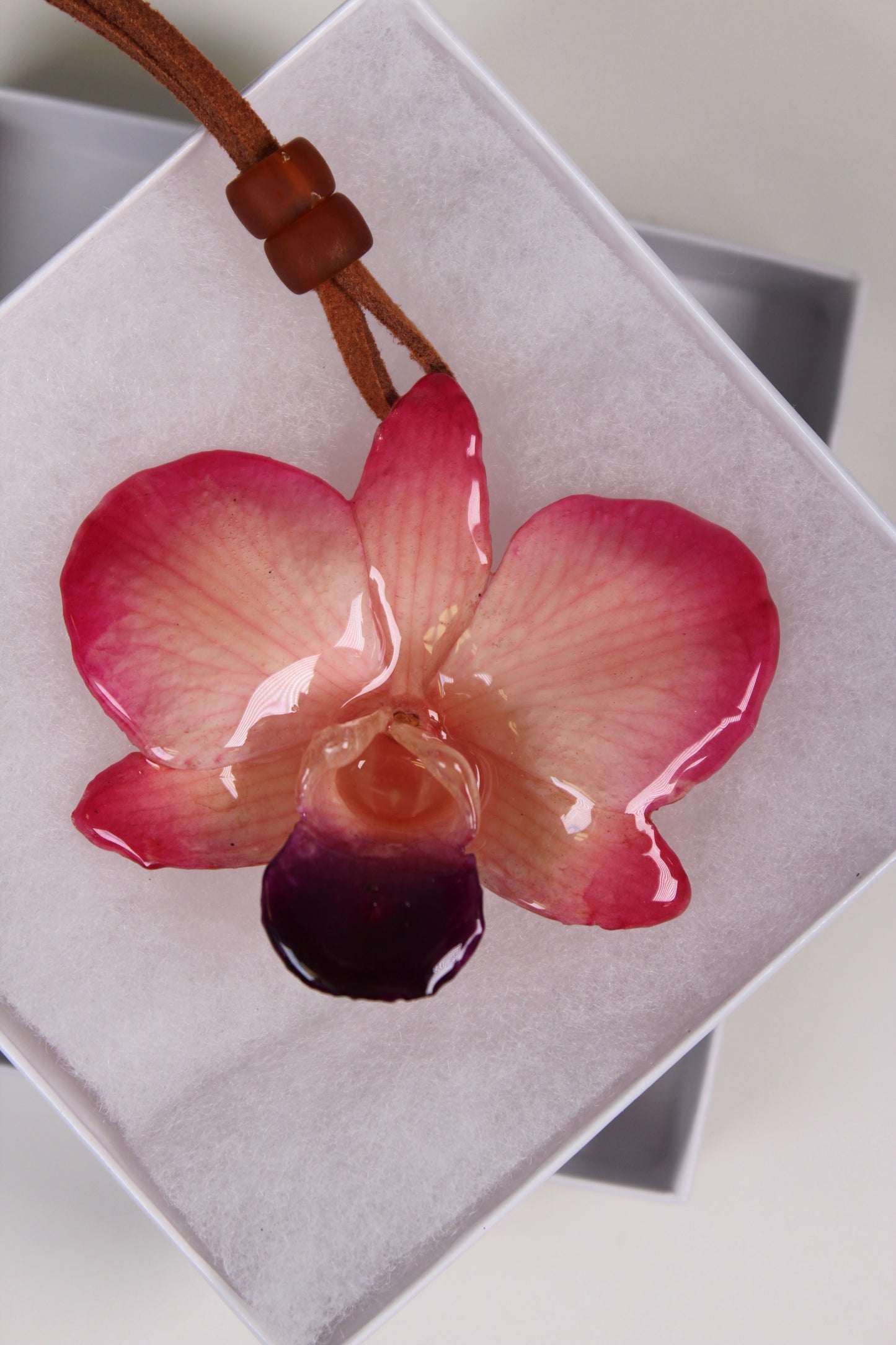 Real Flower Medium Pink/White Dendrobium Orchid Necklace