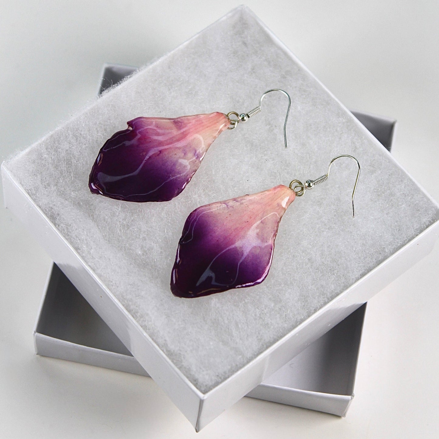 Real Flower Purple/White Orchid Petal Earrings