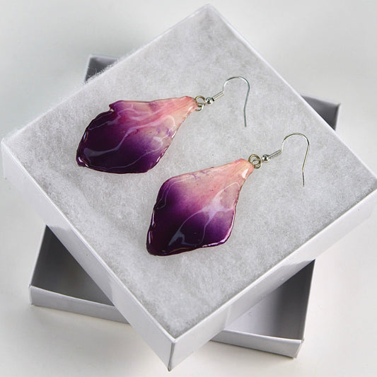 Real Flower Purple/White Orchid Petal Earrings