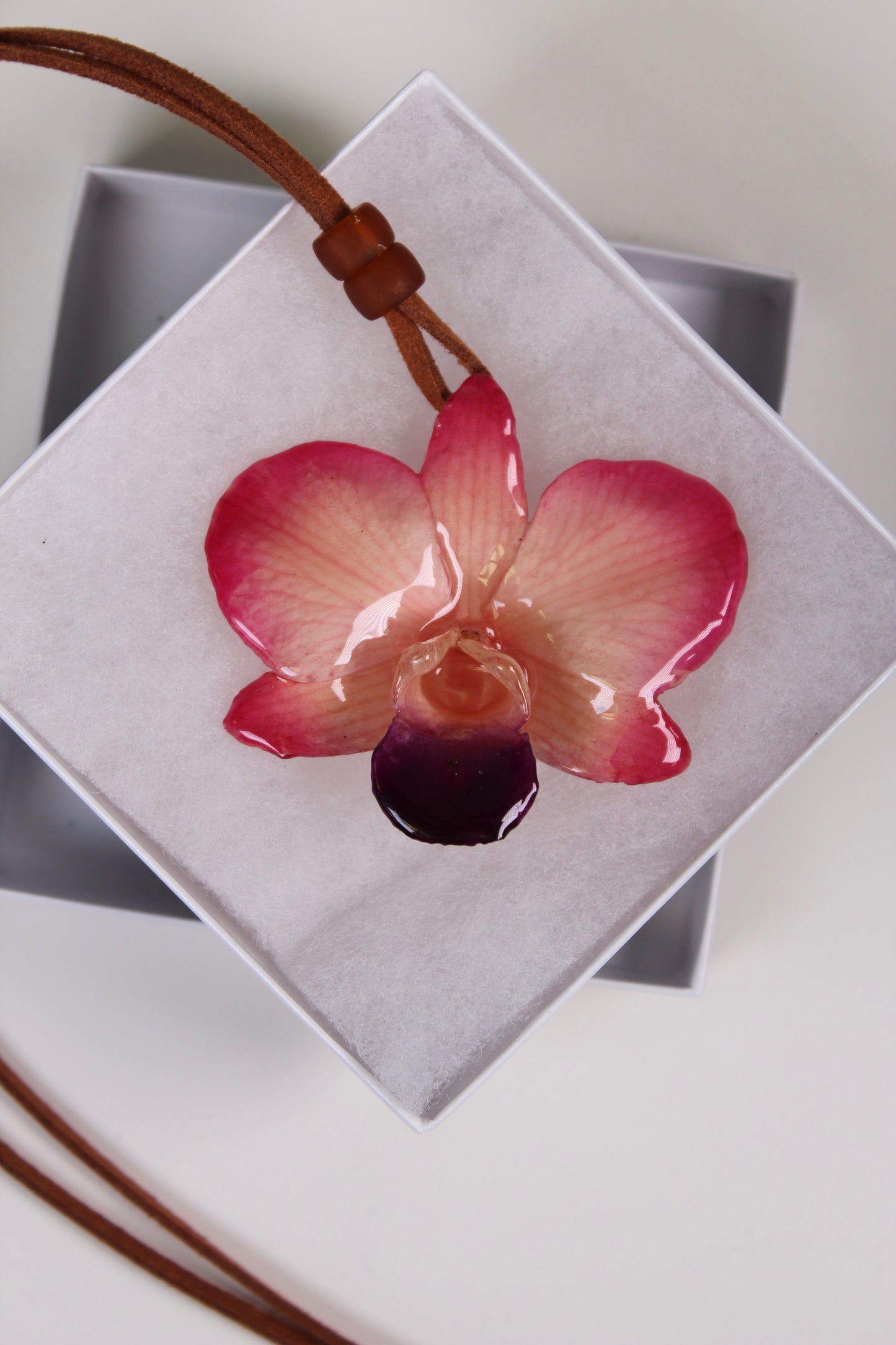 Real Flower Medium Pink/White Dendrobium Orchid Necklace