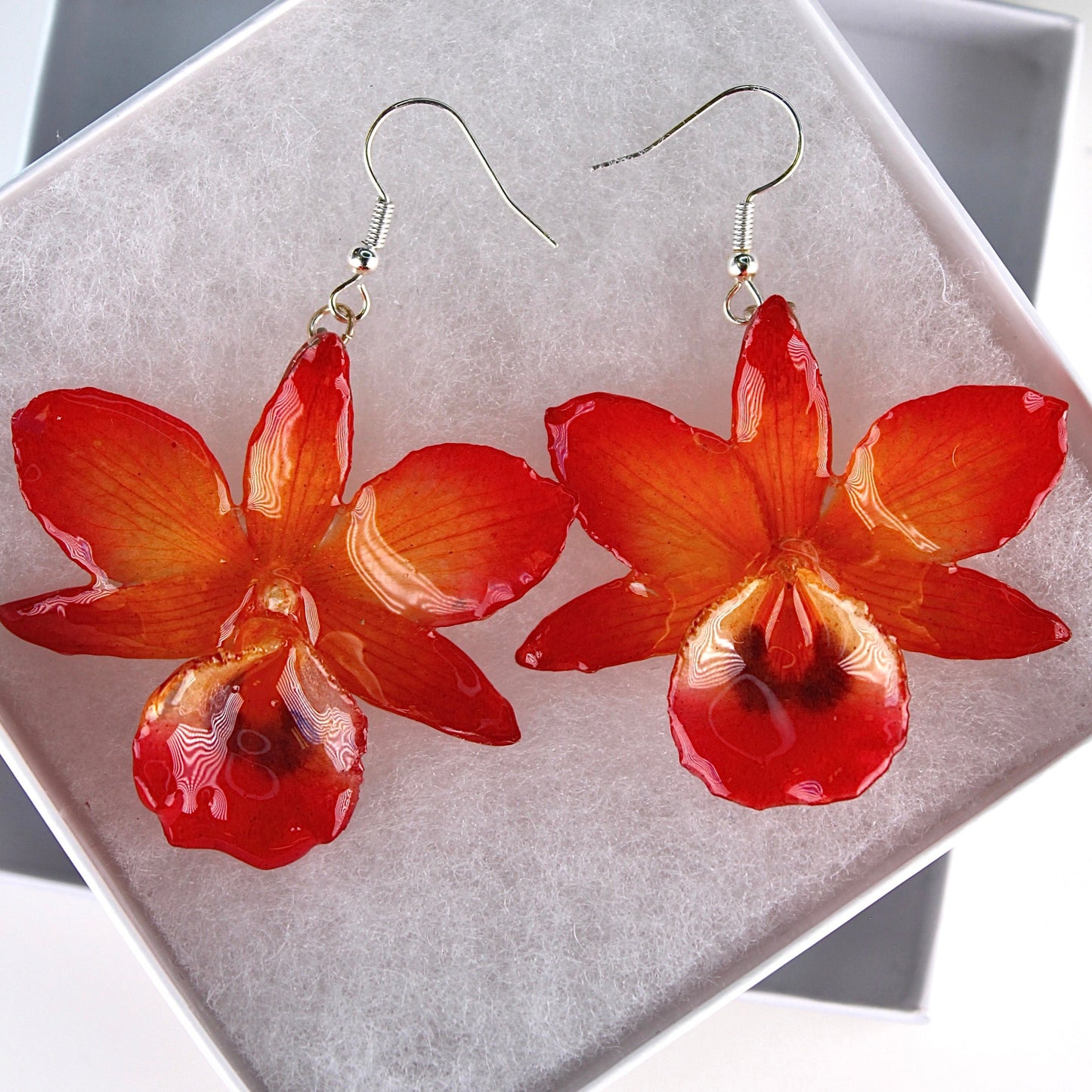Real Flower Orange Dendrobium Orchid Earrings