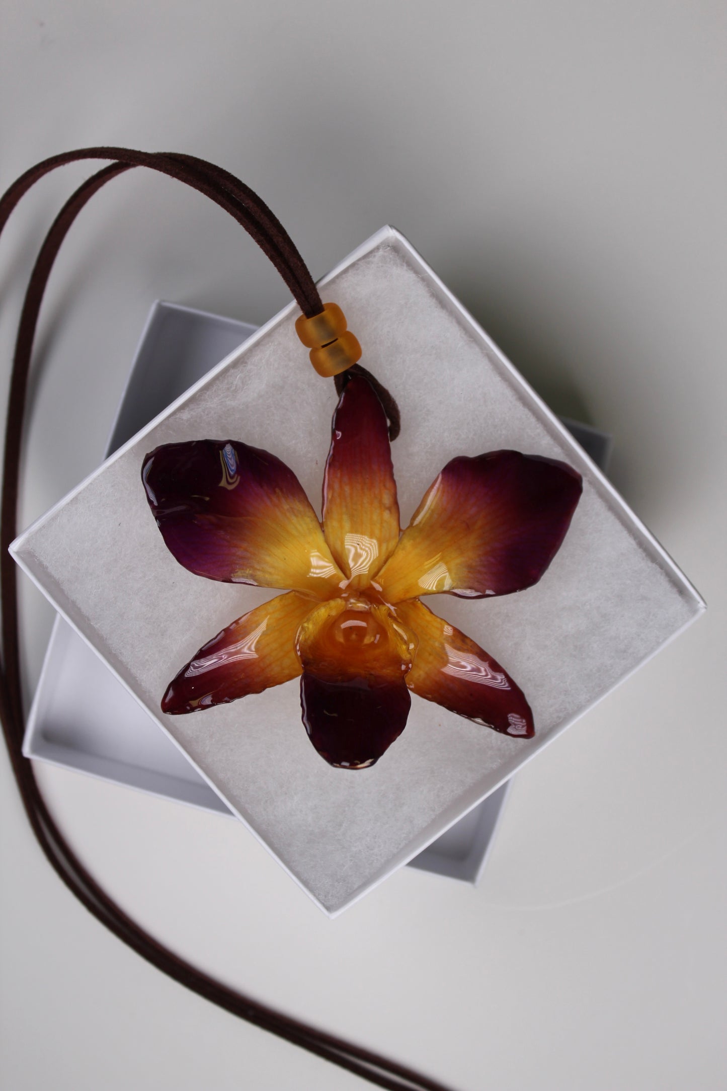 Real Flower Large Purple/Yellow Dendrobium Orchid Necklace