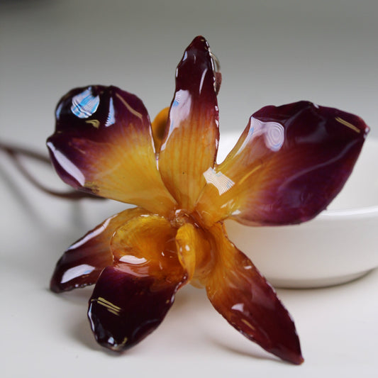 Real Flower Large Purple/Yellow Dendrobium Orchid Necklace