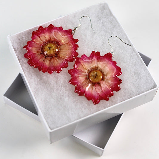 Real Flower Pink/White Chrysanthemum Earrings