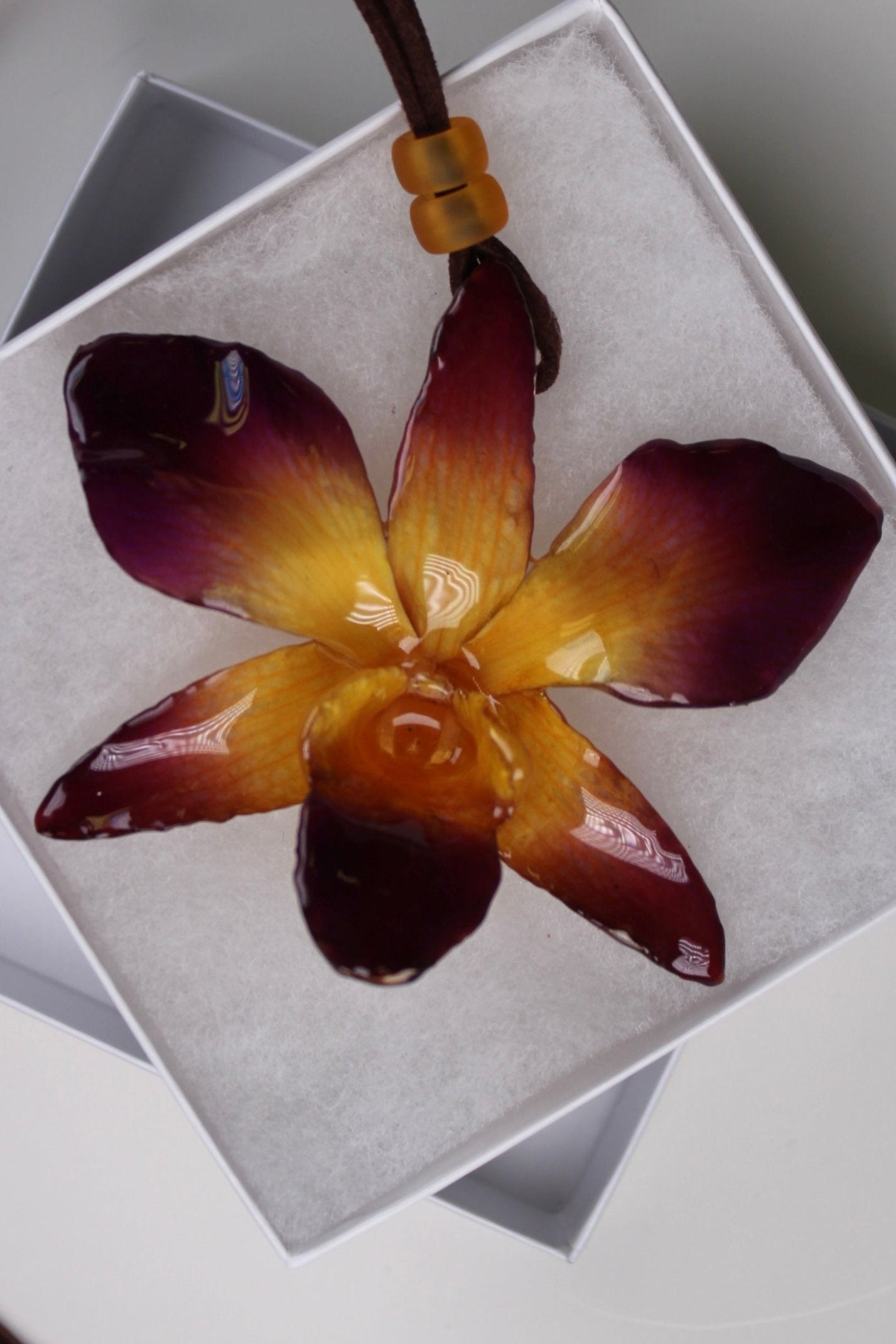 Real Flower Large Purple/Yellow Dendrobium Orchid Necklace