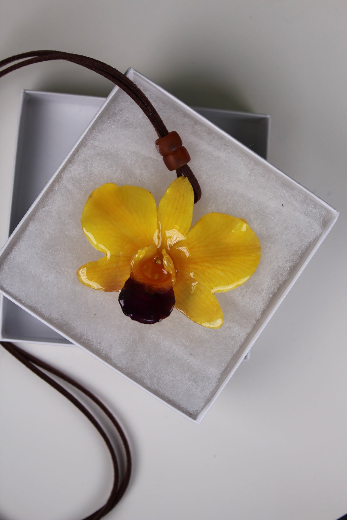 Real Flower Medium Yellow/Purple Dendrobium Orchid Necklace